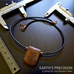 Rugged & Masculine!  Striated Brown Jasper Tablet + Genuine Leather Cord 20+2"